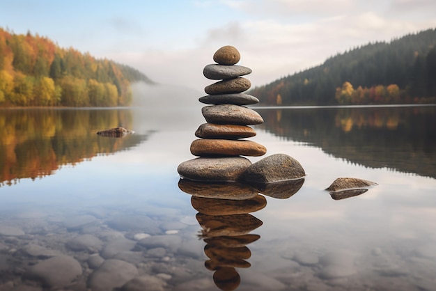 Pyramid of round gray stones on the bank of a mountain river Zen and harmony conceptStone tower