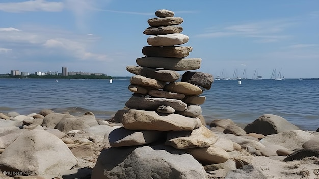 Pyramid of stone stack each other at the rocky beach Balance rock or tower of stone