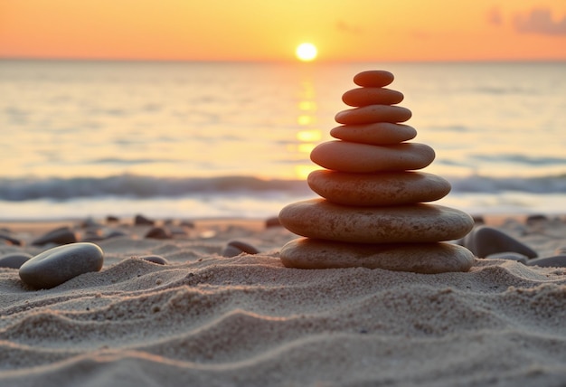 Photo a pyramid of stones sits on the sand at sunset