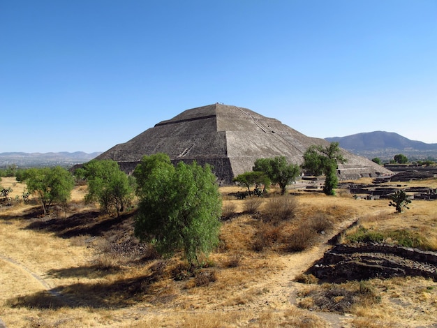 The Pyramid of the sun in Ancient ruins of Aztecs Teotihuacan Mexico