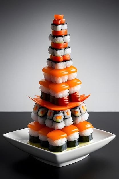 a pyramid of sushi is made of sushi and has a piece of sushi on it