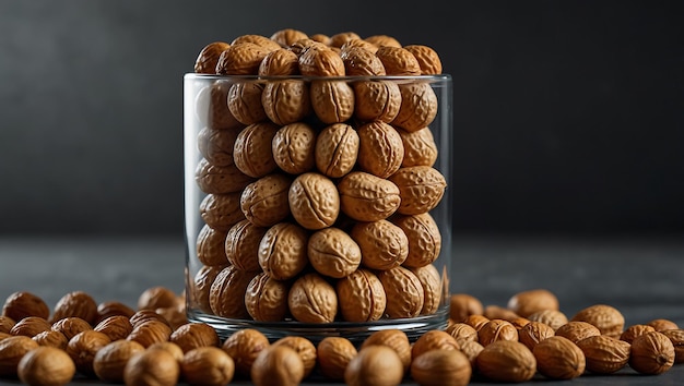 a pyramid of walnuts with a glass container full of walnuts