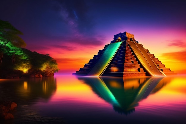 A pyramid in the water at sunset