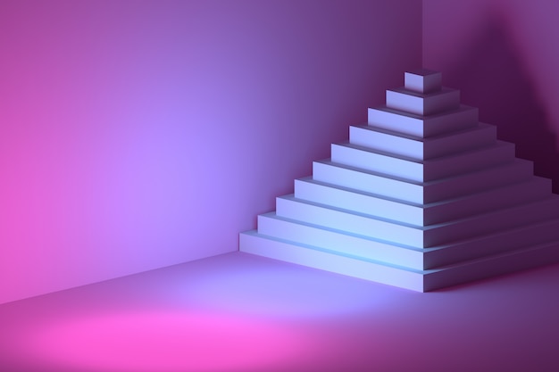 Pyramid with multiple steps in a pink blue room