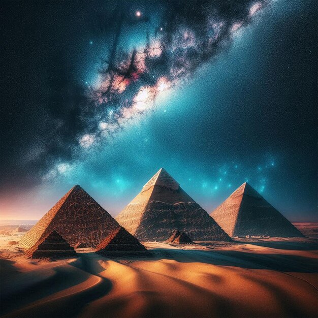 Photo a pyramid with a star in the sky and the pyramids in the background