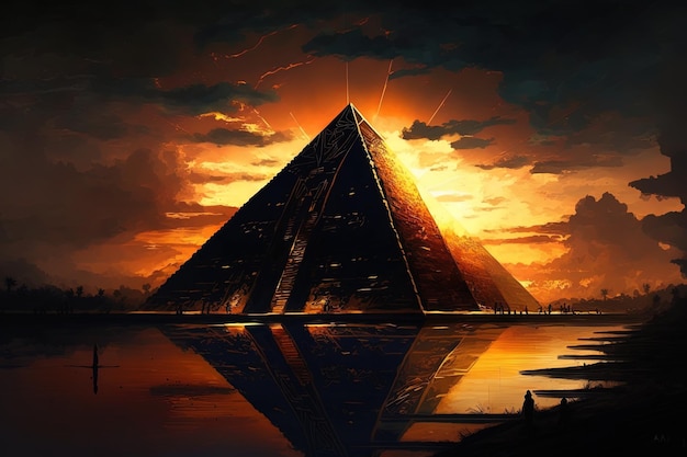 a pyramid with the sun behind it