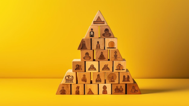 pyramid of wooden blocks placed on a bright yellow background Each block is engraved with a different icon