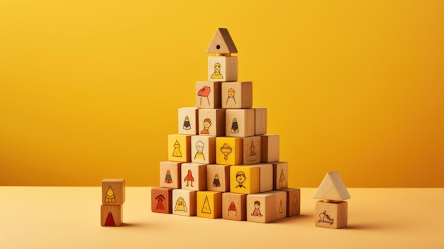 pyramid of wooden blocks placed on a bright yellow background Each block is engraved with a different icon