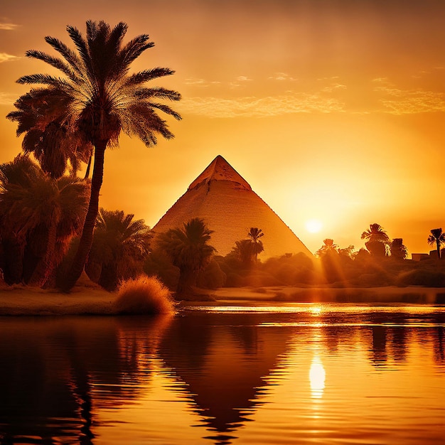 Photo pyramids are reflected in the water at sunset