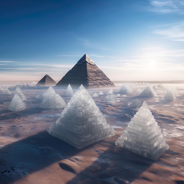 pyramids are seen in the desert, with the sun setting behind them.