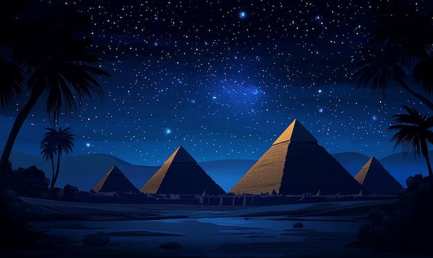 Photo the pyramids of giza under a starry night sky vector illustration