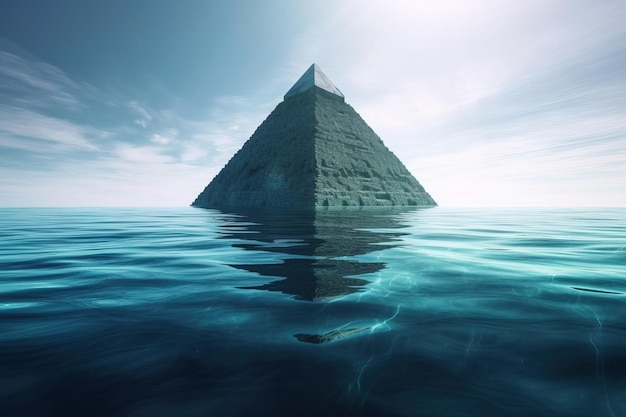 Pyramids in the ocean with a blue sky in the background