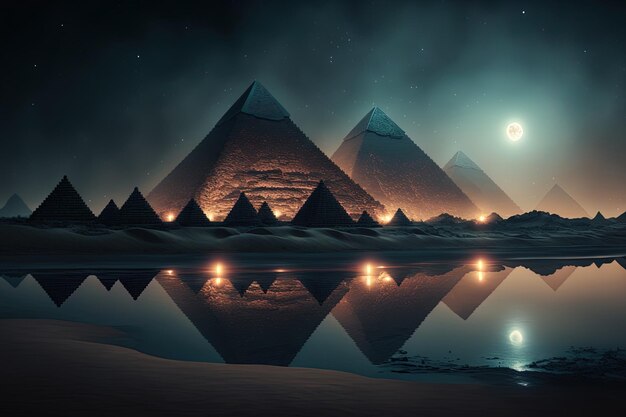 Pyramids and river in the Egyptian desert at night