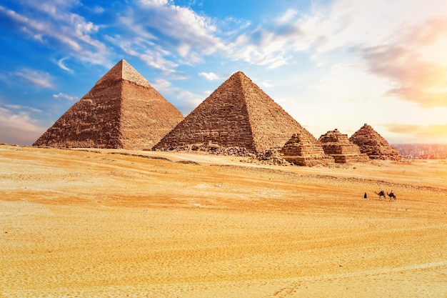 The Pyramids in the sunny desert of Giza, Egypt.