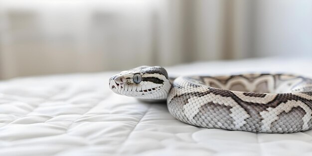 Python on a bed in a modern apartment Concept Modern Apartment Decor Python Pet Photography Indoor Animal Photoshoot