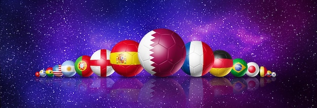 Qatar 2022 Football soccer balls with team national flags on a space sky 3D illustration Horizontal banner