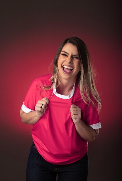 Qatar woman soccer fan cheering for her favorite club and team world cup purple background