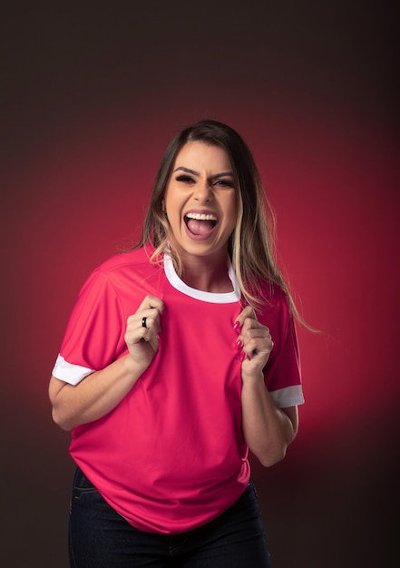 Qatar woman soccer fan cheering for her favorite club and team world cup purple background