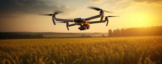 Quadcopter drone flying over field in nature panorama Generative Ai