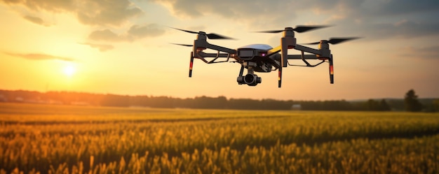 Quadcopter drone flying over field in nature panorama Generative Ai