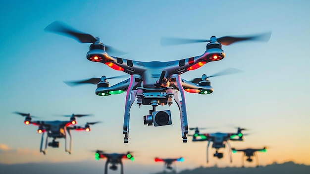 Quadcopter Drones With Lights In Twilight Sky Focus On Foremost Drone With Camera AI Generated