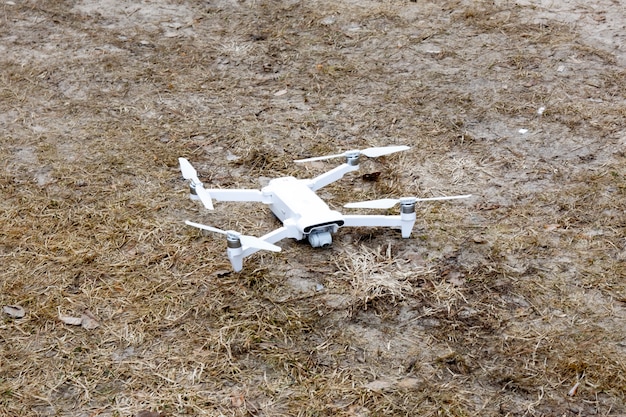 Quadcopter. The rise of the drone. Top view. Flying drone. Close up