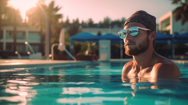 Quadriplegic swimmer posing for the camera at the side of the pool