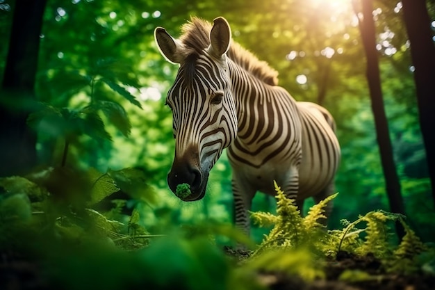 a quagga Equus quagga quagga eating herbs in a green and fairy forest