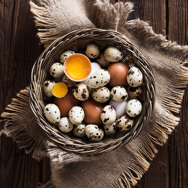 Quail and chicken eggs in basket