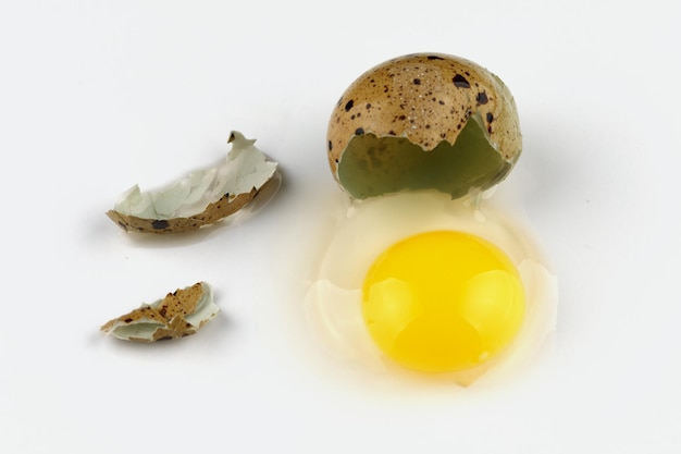 Quail egg broken and shell white background