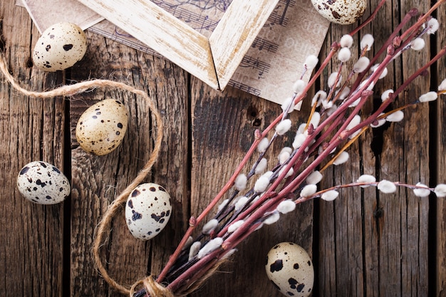 Quail eggs and willow,a symbol of Easter 