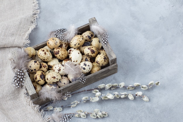 Quail eggs in a wooden box, willow and feathers