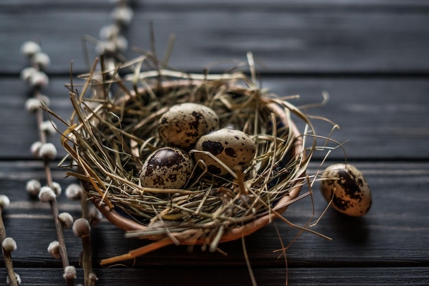 Quail eggs on a wooden table