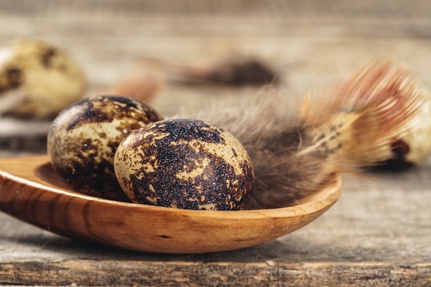 Quail eggs on a wooden table