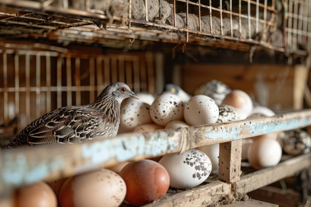 Photo quails and eggs in a cage on a farm