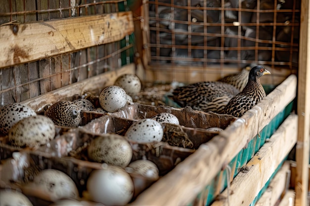 Photo quails and eggs in a cage on a farm