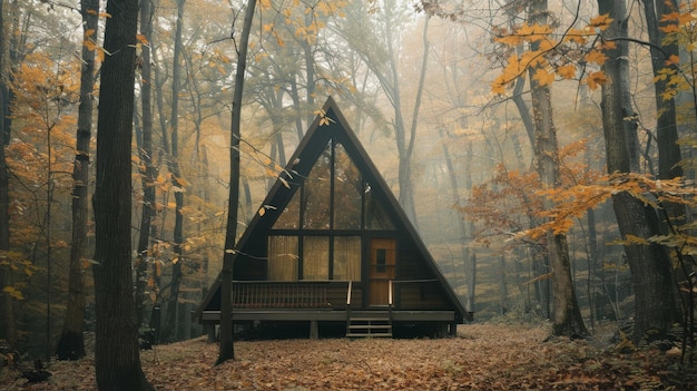 Photo a quaint aframe cabin nestles in a misty autumn forest surrounded by fiery orange and golden leaves