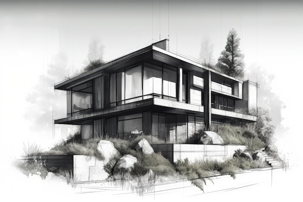 Quaint black and white cottage nestled in a forest clearing Generative AI