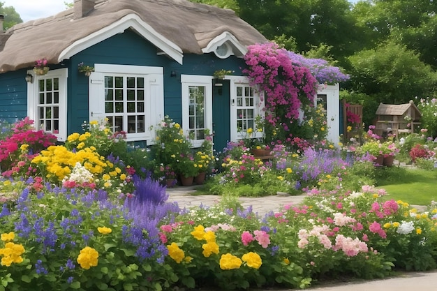 A quaint cottage surrounded by a sea of colorful blooms generated by Ai