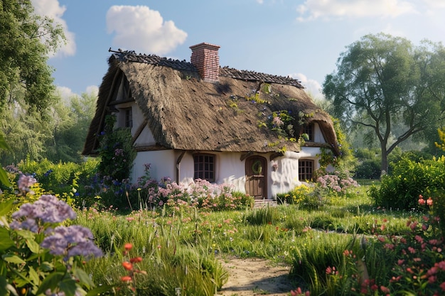 Quaint countryside cottage with a thatched roof oc