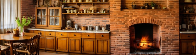 quaint and countrystyle kitchen withfireplace nestled among brick walls