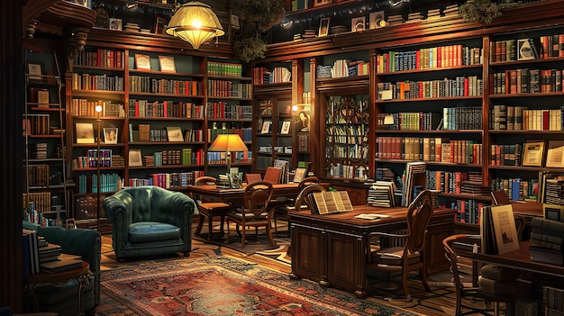 Quaint cozy bookstore with shelves filled with books Cozy home library