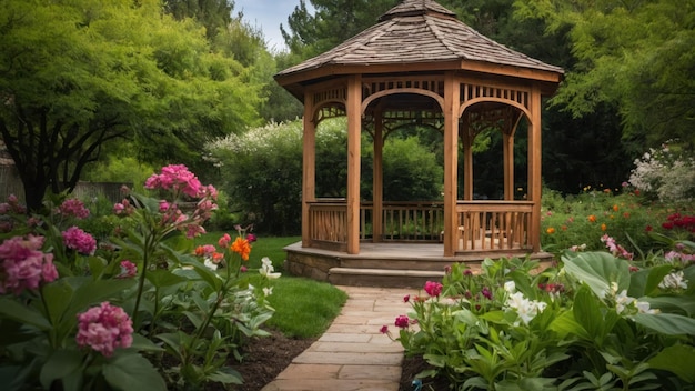 A quaint gazebo in the middle of a blooming garden with sunlight and serene atmosphere