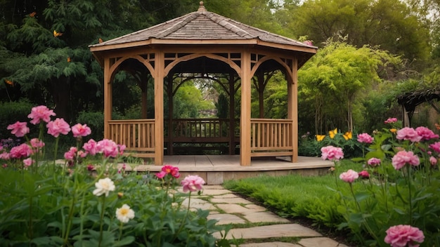 A quaint gazebo in the middle of a blooming garden with sunlight and serene atmosphere