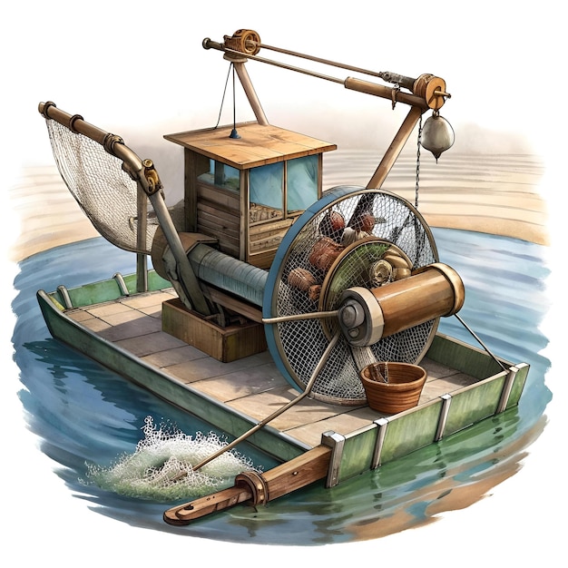 Photo a quaint hand drawn illustration of a traditional fishing boat with a wheel net perfect for articles about sustainable fishing rural life or nautical history