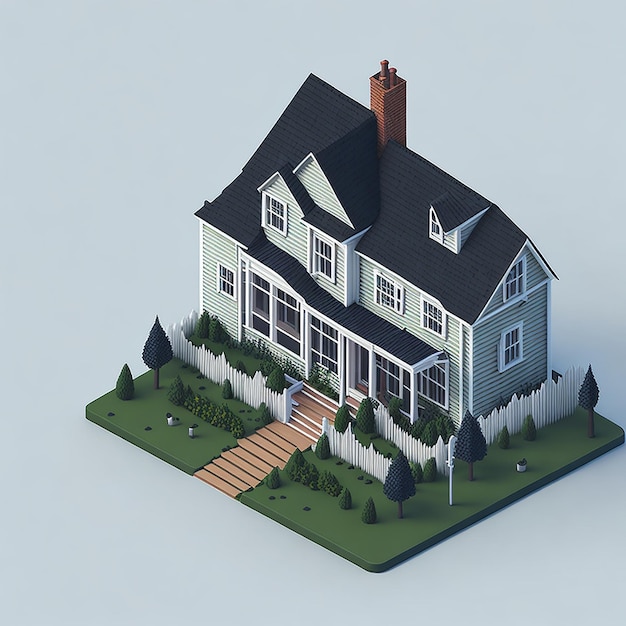 A quaint house with picket fence in isometric view