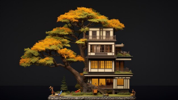 A quaint miniature house surrounded by trees