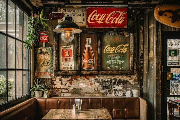 A quaint restaurant featuring retro posters and vintage signage with a wooden table and chairs Retro posters and vintage signage adding character