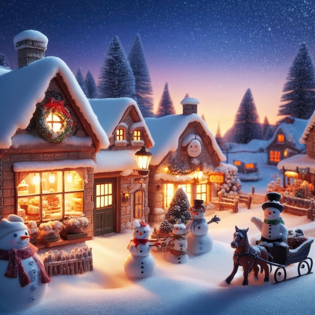 A quaint snowcovered village at dawn