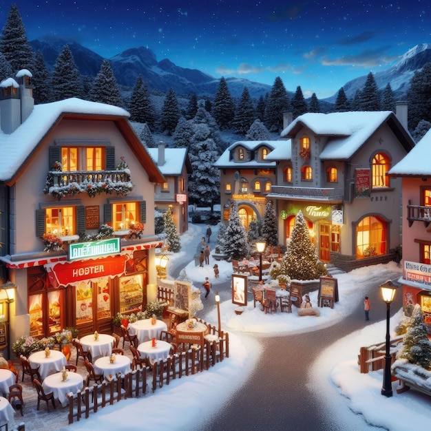 A quaint snowcovered village at evening with restaurant and hotel